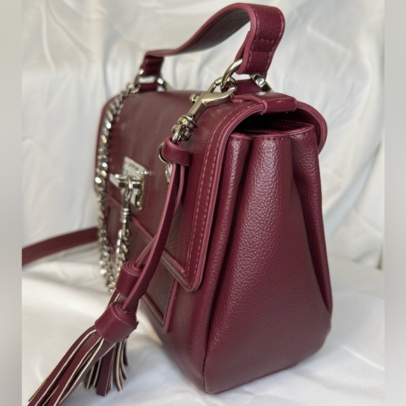 Steve Madden Burgundy Leather Crossbody Satchel Bag with Tassel & Chain Detail - Picture 2 of 10
